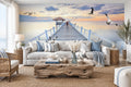 Romantic Sunset Over Pier Wallpaper Mural, Custom Sizes Available