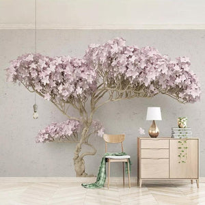 Pink Blooming Twisted Tree Wallpaper Mural, Custom Sizes Available