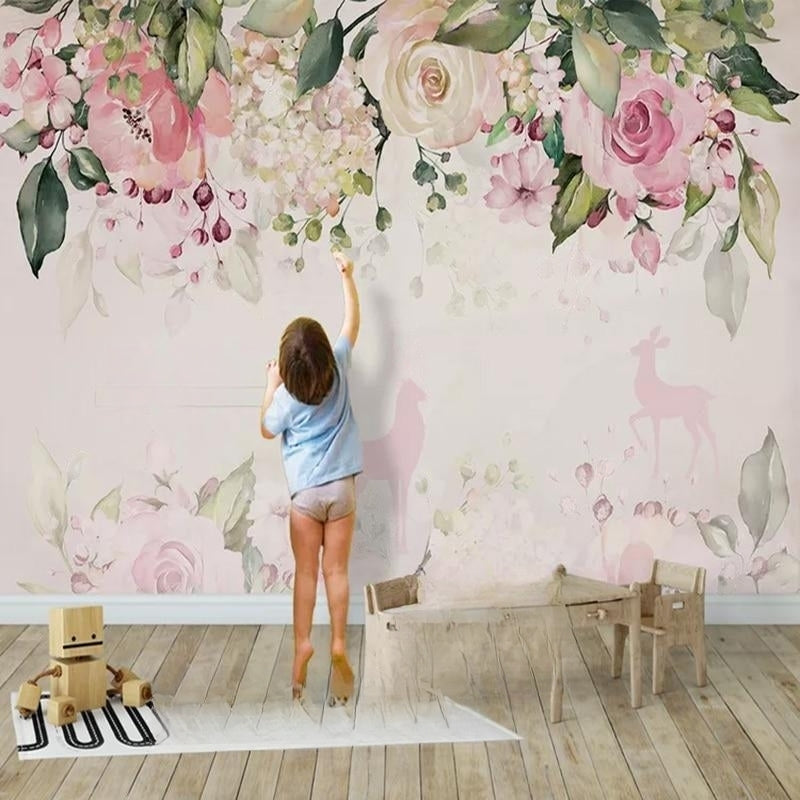 Mural de papel pintado con flores rosas para habitación de niños, tamaños personalizados disponibles