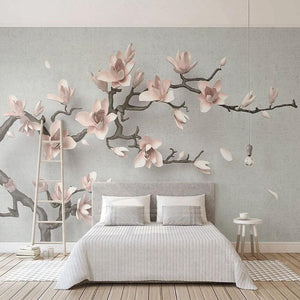Pink Magnolia Branches Wallpaper Mural, Custom Sizes Available