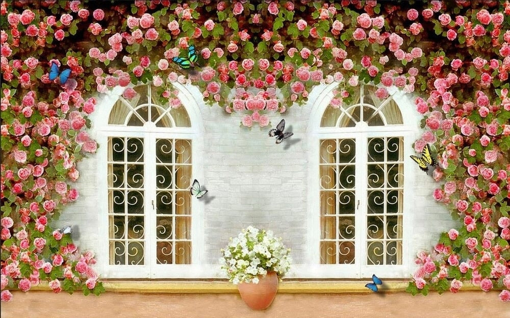 Pink Rose Arbor Over Palladian Windows Wallpaper Mural, Custom Sizes Available