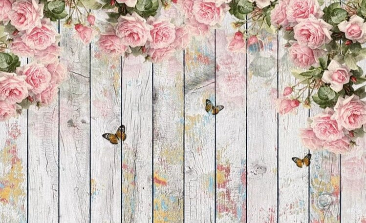 Pink Roses And Butterflies With Wooden Fence Wallpaper Mural, Custom Sizes Available Wall Murals Maughon's 