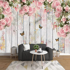 Charming Pink Roses And Butterflies With Wooden Fence Wallpaper Mural, Custom Sizes Available