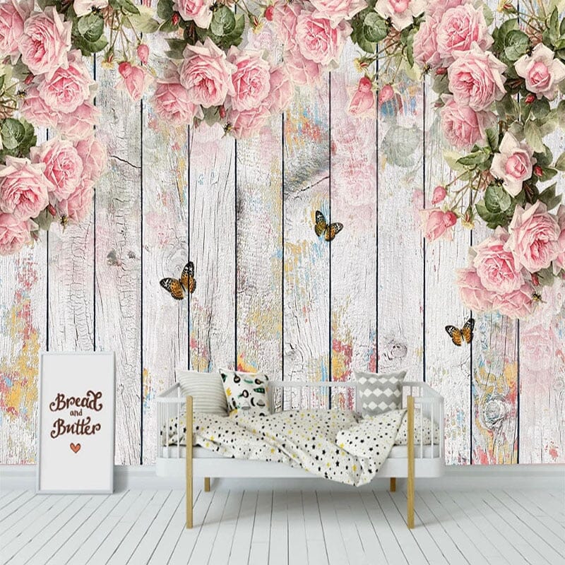 Pink Roses And Butterflies With Wooden Fence Wallpaper Mural, Custom Sizes Available Wall Murals Maughon's Waterproof Canvas 