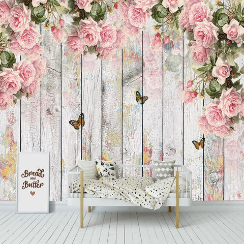 Image of Pink Roses And Butterflies With Wooden Fence Wallpaper Mural, Custom Sizes Available Wall Murals Maughon's Waterproof Canvas 
