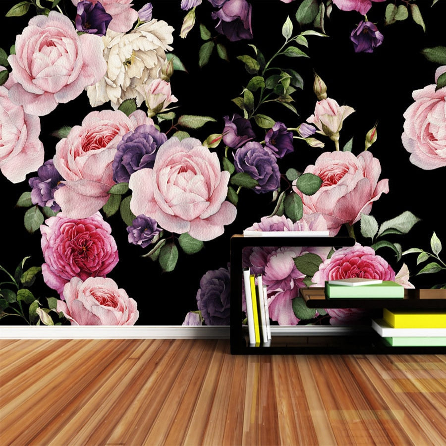Pink Roses On a Black Background Wallpaper Mural, Custom Sizes Available Wall Murals Maughon's 