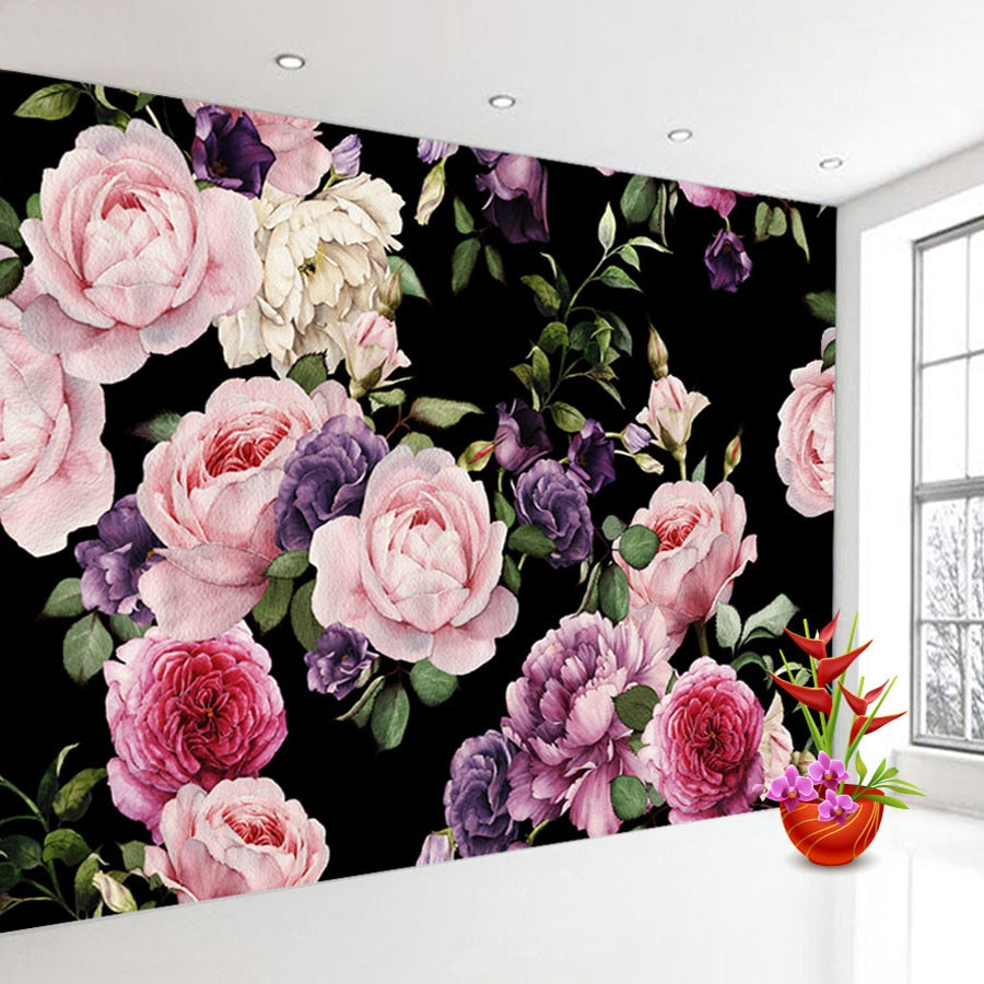 Pink Roses On a Black Background Wallpaper Mural, Custom Sizes Available Wall Murals Maughon's Waterproof Canvas 