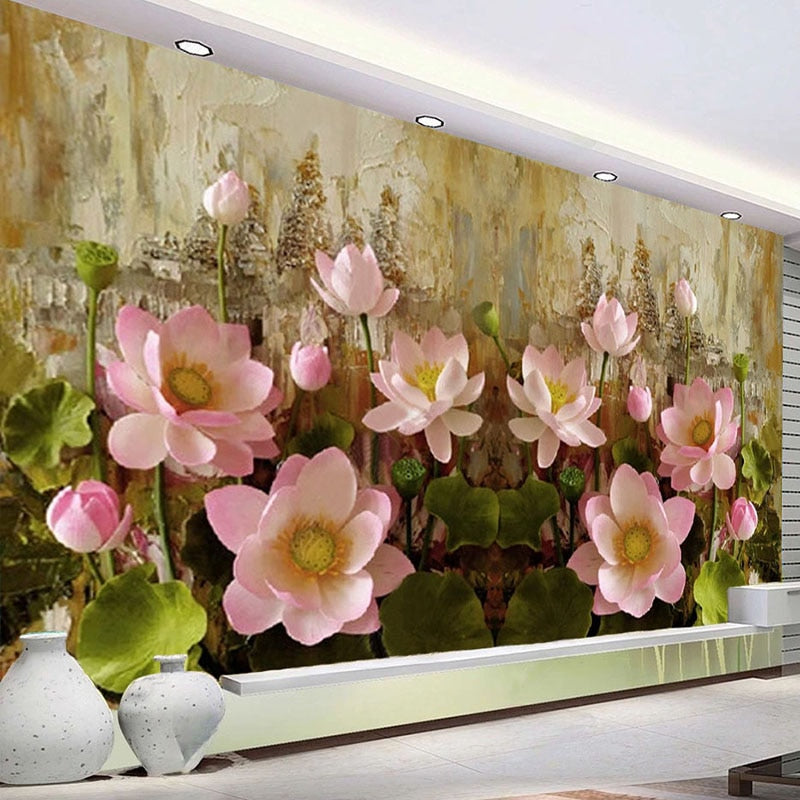 Pink Water Lilies Oil Painting Wallpaper Mural, Custom Sizes Available Wall Murals Maughon's 