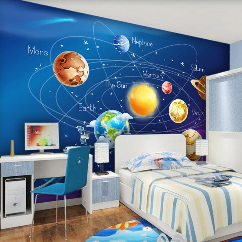 Planets in Our Solar System Kid's Cartoon Wallpaper Mural, Custom Sizes Available Wall Murals Maughon's 