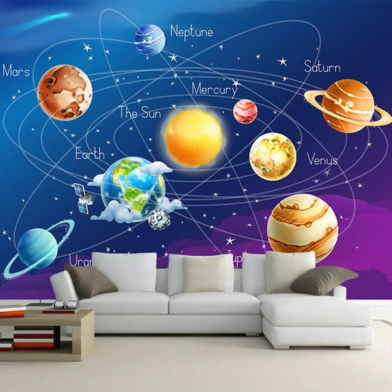 Planets in Our Solar System Kid's Cartoon Wallpaper Mural, Custom Sizes Available Wall Murals Maughon's 