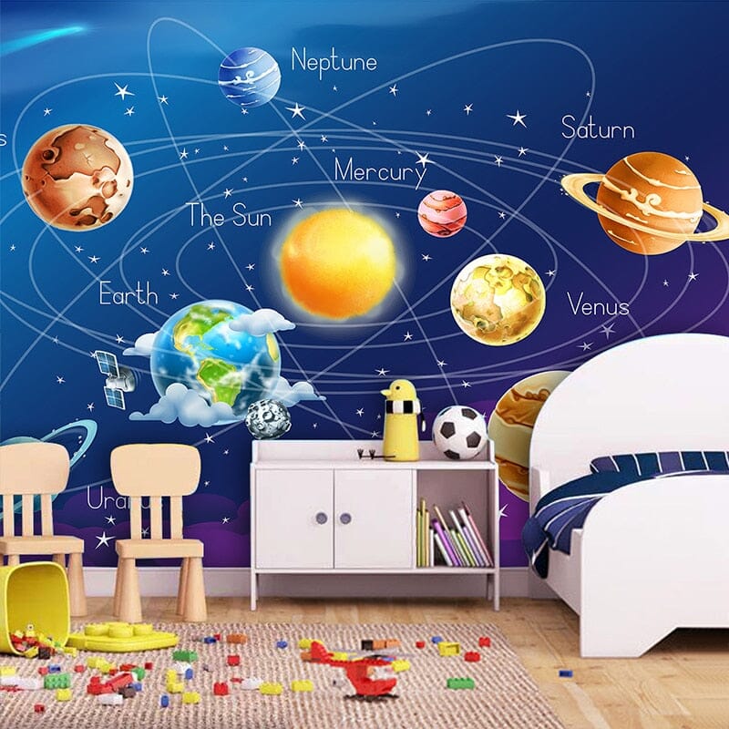 Planets in Our Solar System Kid's Cartoon Wallpaper Mural, Custom Sizes Available Wall Murals Maughon's Waterproof Canvas 