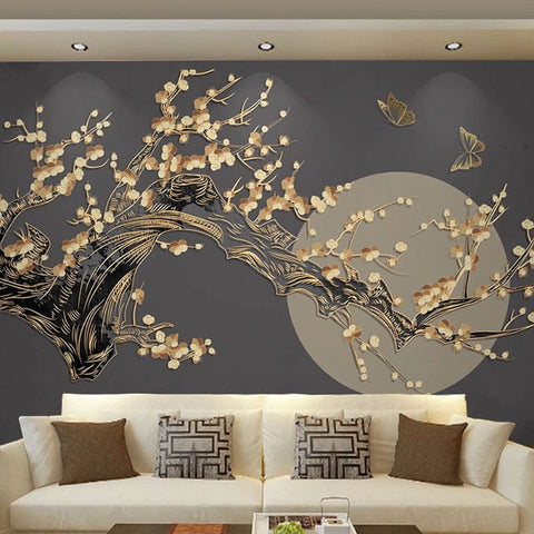 Image of Plum Blossom Over Moon Background Wallpaper Mural, Custom Sizes Available Wall Murals Maughon's 