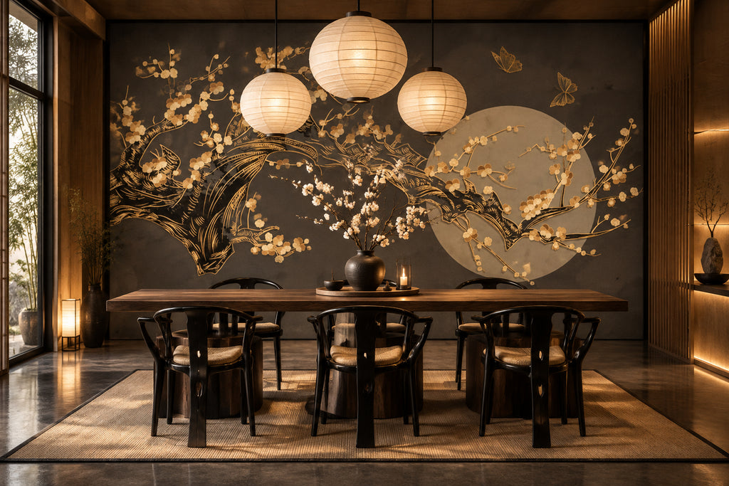 Plum Blossom Over Moon Background Wallpaper Mural, Custom Sizes Available Wall Murals Maughon's 