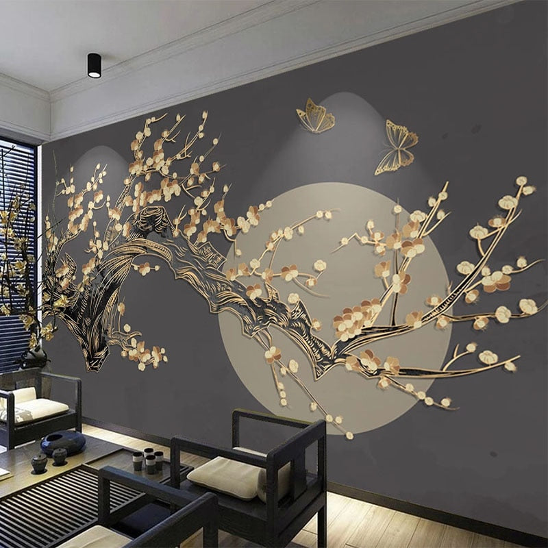 Plum Blossom Over Moon Background Wallpaper Mural, Custom Sizes Available Wall Murals Maughon's Waterproof Canvas 