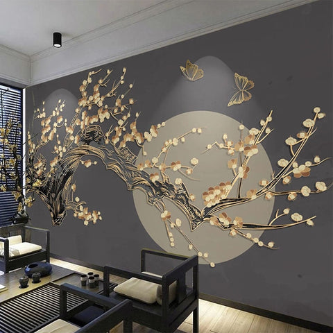 Image of Plum Blossom Over Moon Background Wallpaper Mural, Custom Sizes Available Wall Murals Maughon's Waterproof Canvas 