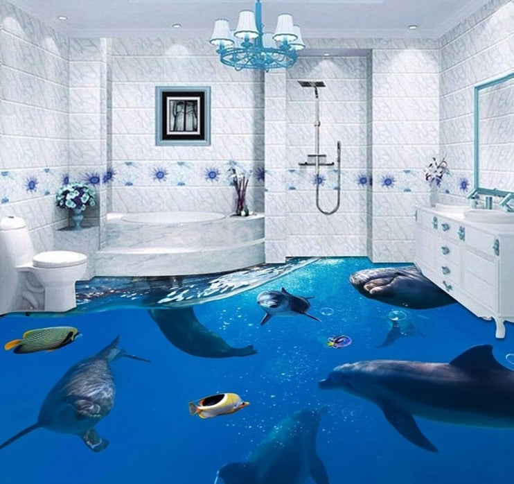 Pod of Dolphins Self Adhesive Floor Mural, Custom Sizes Available Floor Murals Maughon's 