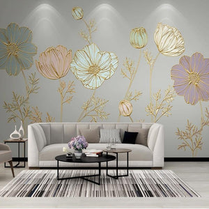 Lovely Gold-Lined Pastel Anemones Wallpaper Mural, Custom Sizes Available