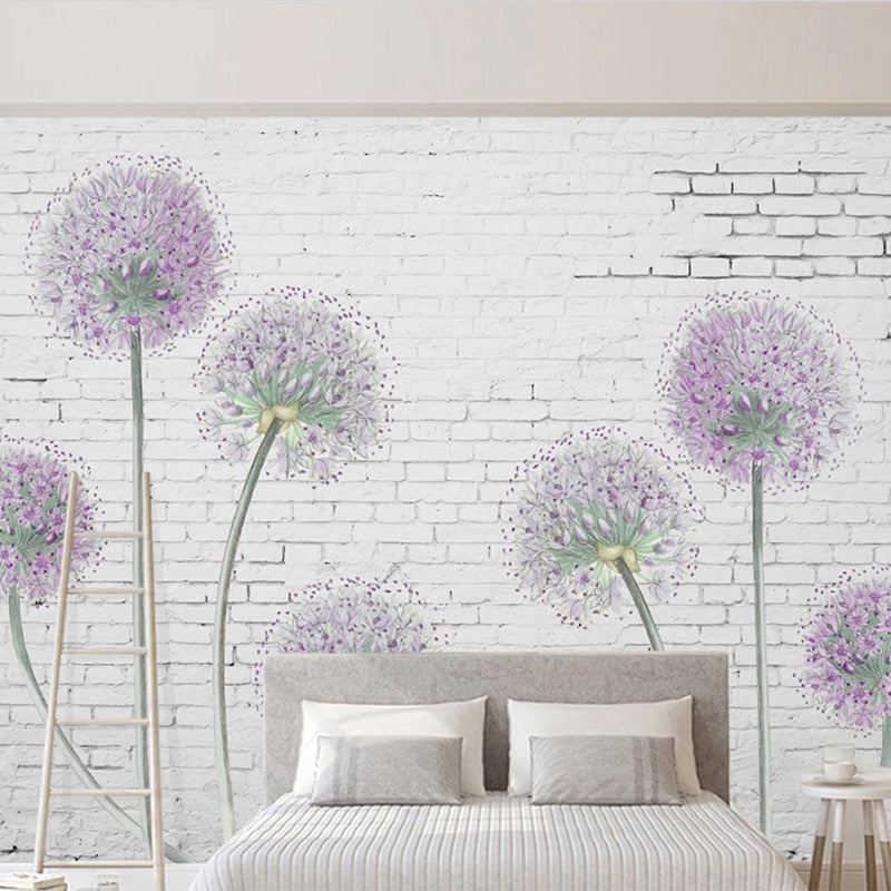 Purple Allium On White Brick Background Wallpaper Mural, Custom Sizes Available Wall Murals Maughon's 