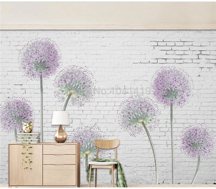 Purple Allium On White Brick Background Wallpaper Mural, Custom Sizes Available Wall Murals Maughon's 