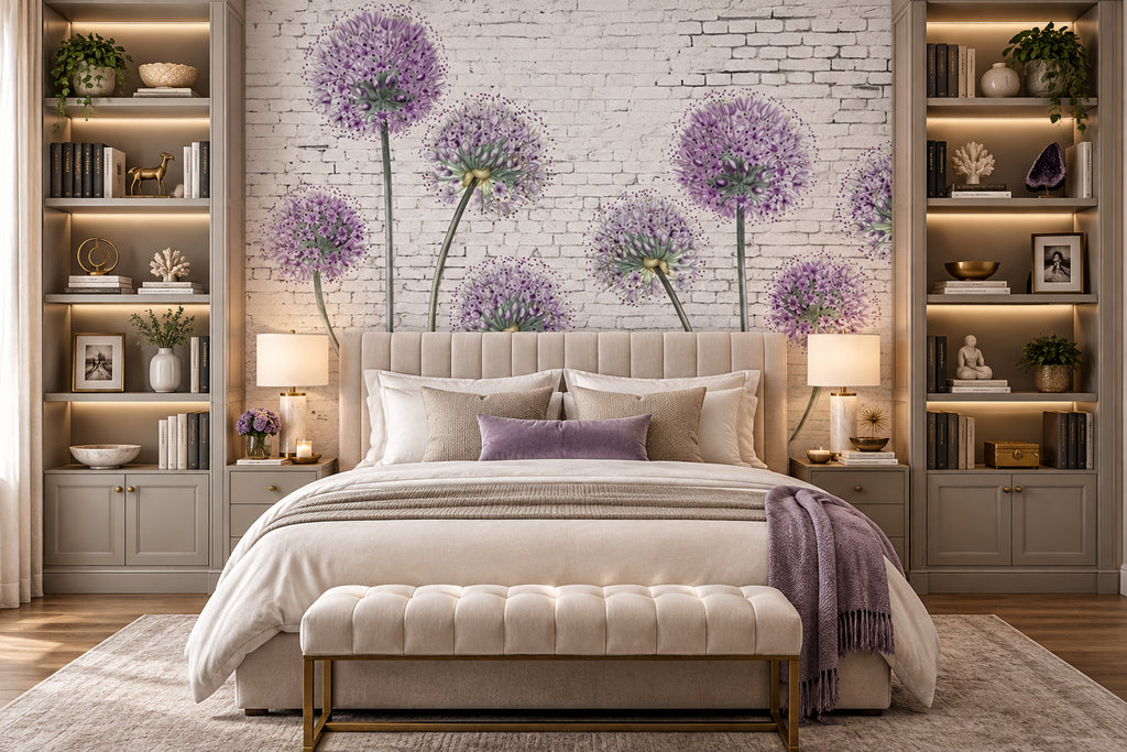Purple Allium On White Brick Background Wallpaper Mural, Custom Sizes Available Wall Murals Maughon's 