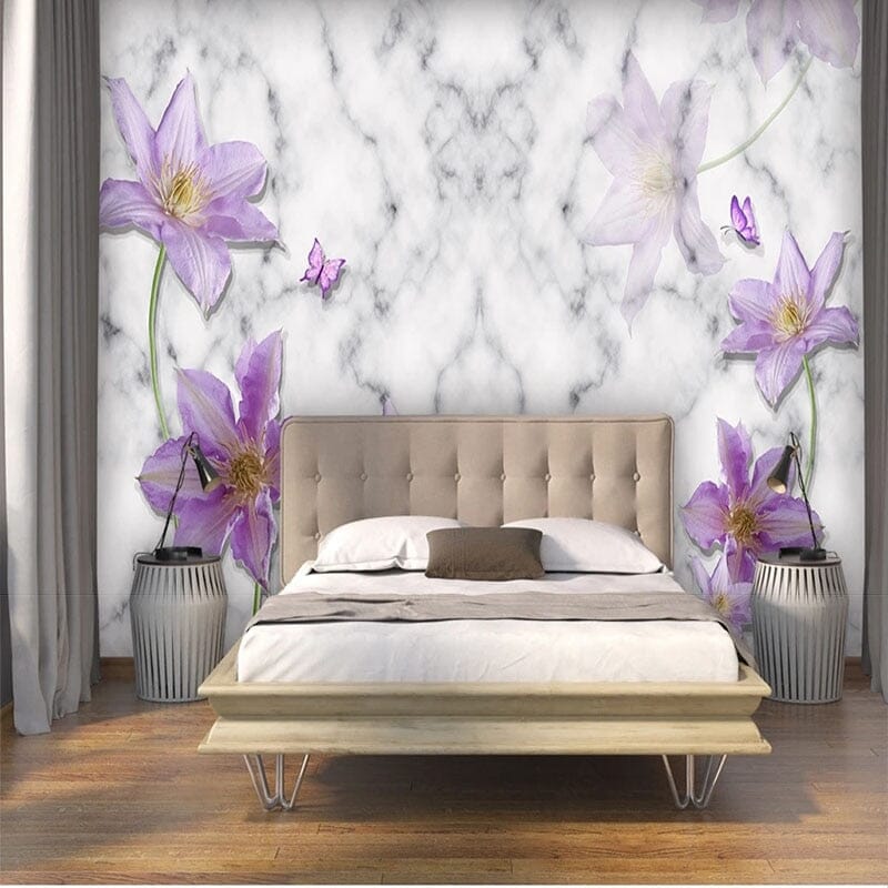 Purple Flower With Marble Background Wallpaper Mural, Custom Sizes Available Wall Murals Maughon's 