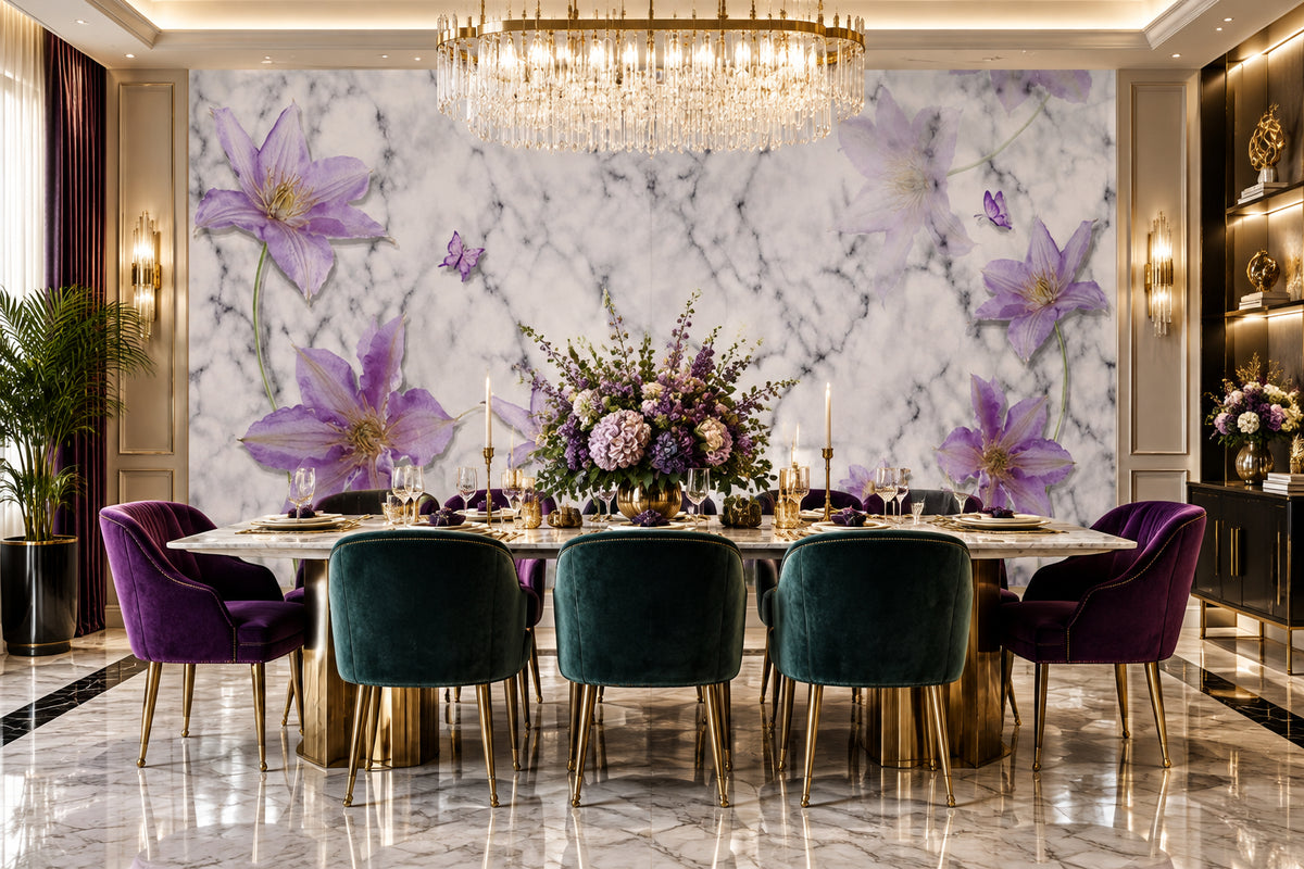 Purple Flower With Marble Background Wallpaper Mural, Custom Sizes Available Wall Murals Maughon's 