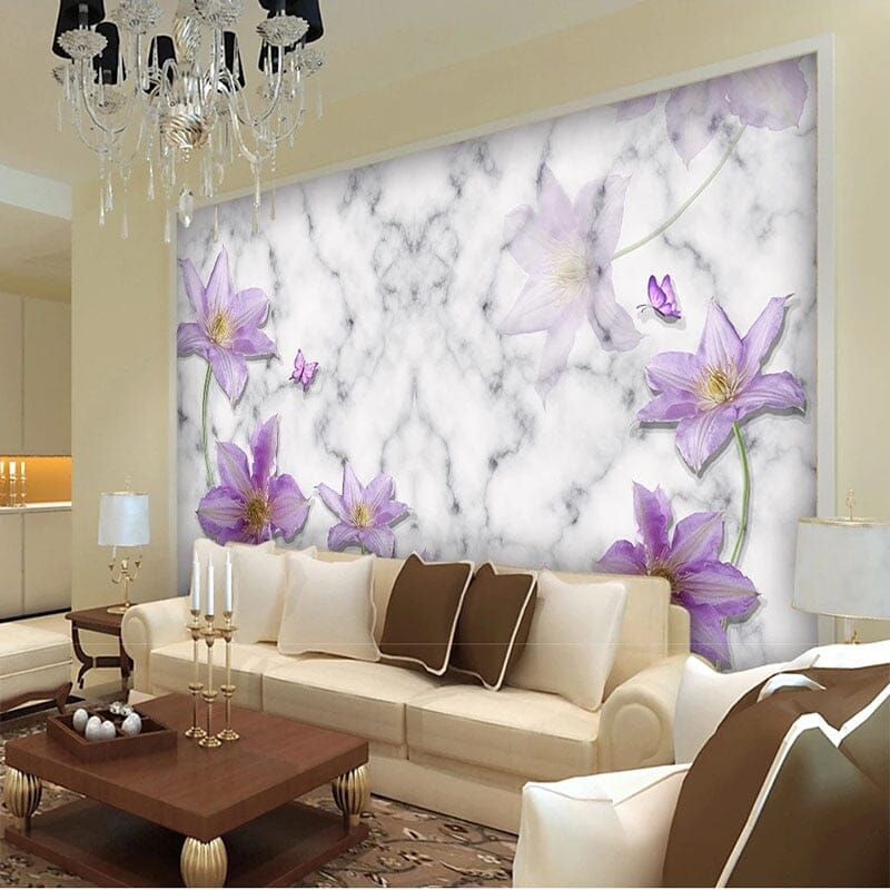 Purple Flower With Marble Background Wallpaper Mural, Custom Sizes Available Wall Murals Maughon's 