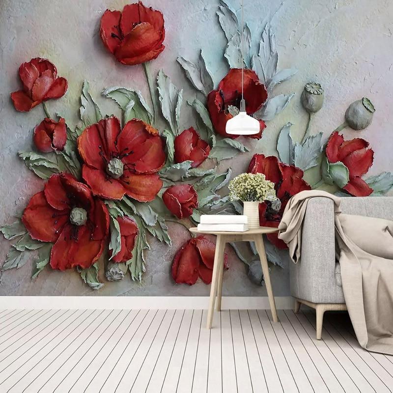 Red Poppy Flowers Relief Wallpaper Mural, Custom Sizes Available Household-Wallpaper Maughon's 