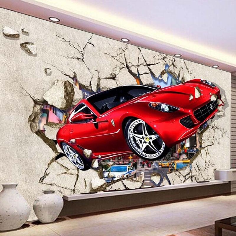 Red Sports Car Breaking Through a Wall Wallpaper Mural, Custom Sizes Available Maughon's 