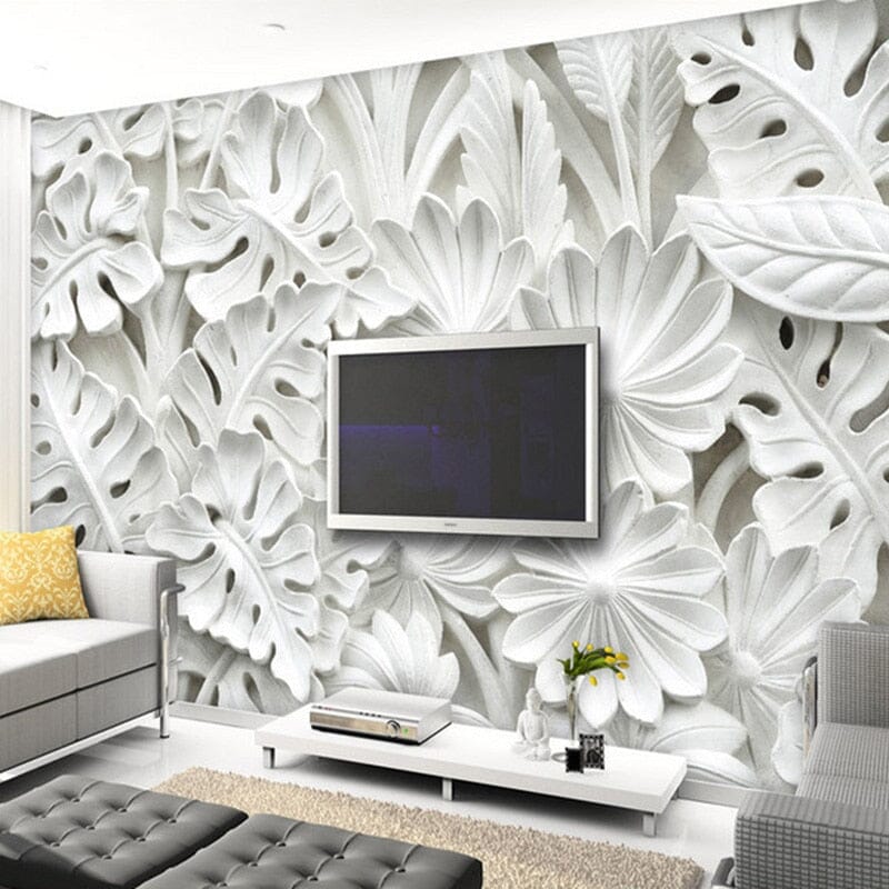 Relief Sculpture White Leaves Wallpaper Mural, Custom Sizes Available Wall Murals Maughon's 