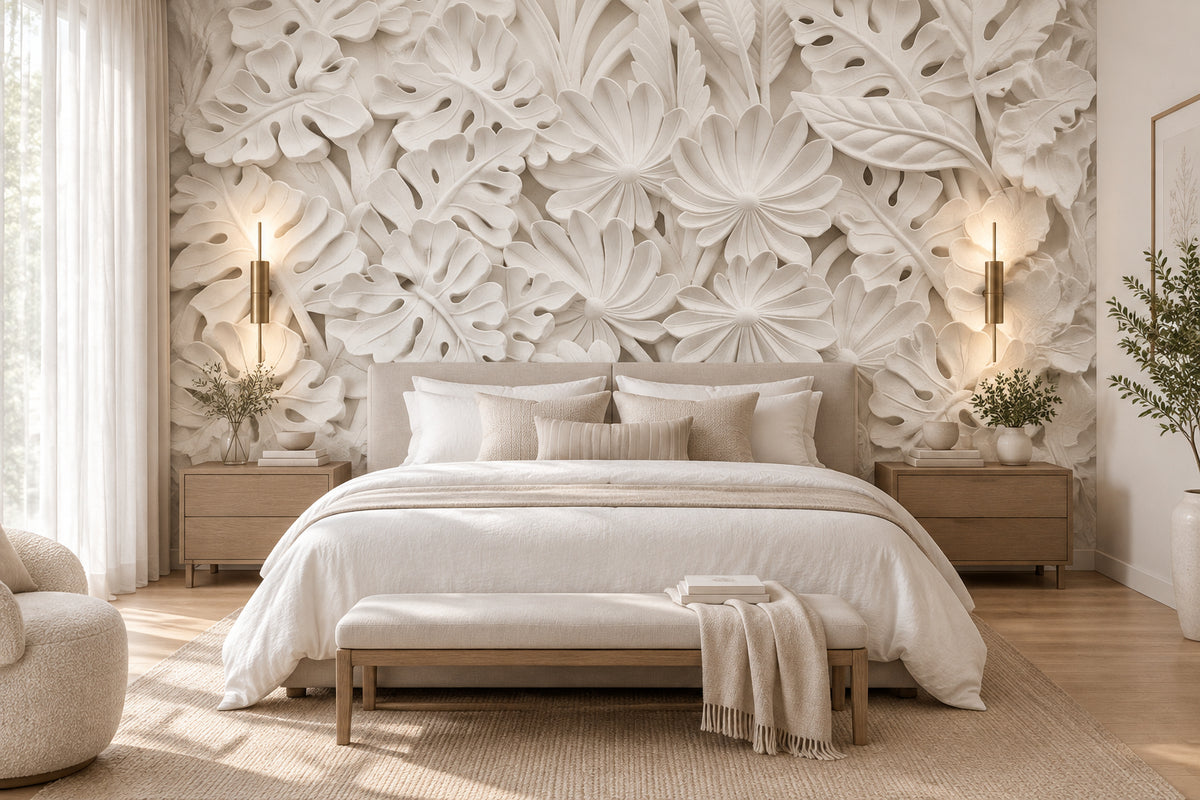 Relief Sculpture White Leaves Wallpaper Mural, Custom Sizes Available Wall Murals Maughon's 