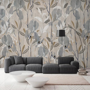 Beautiful White, Gray, Brown  Abstract Leaves Wallpaper Mural, Custom Sizes Available