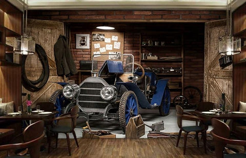 Image of Retro Blue Car Wallpaper Mural, Custom Sizes Available