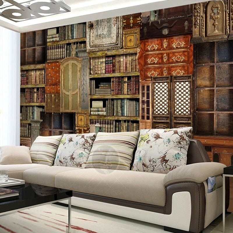Retro Books and Cabinets Wallpaper Mural, Custom Sizes Available Wall Murals Maughon's 