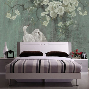 Retro Cranes and Blossoms Wallpaper Mural, Custom Sizes Available