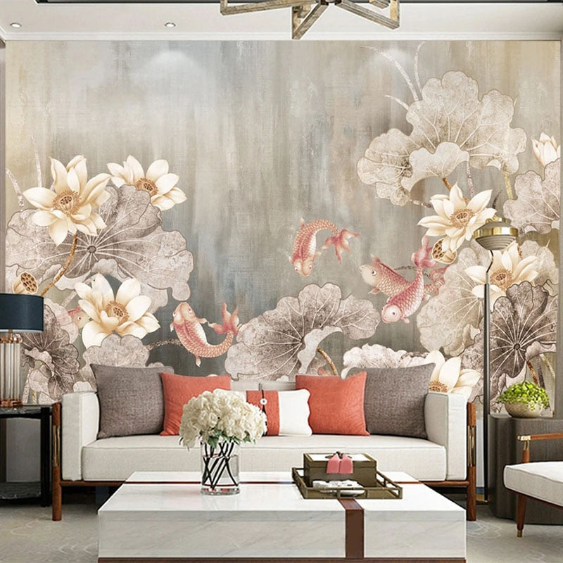 Retro Lotus and Fish Wallpaper Mural, Custom Sizes Available Wall Murals Maughon's 
