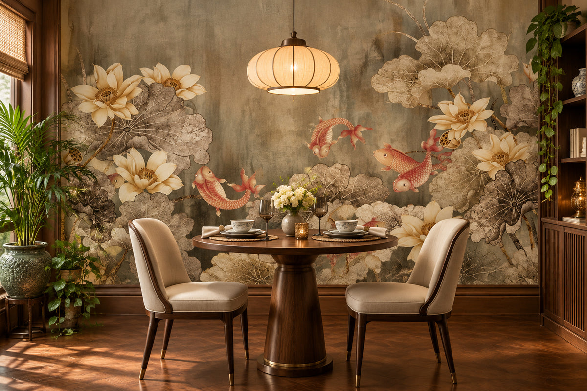 Retro Lotus and Fish Wallpaper Mural, Custom Sizes Available Wall Murals Maughon's 