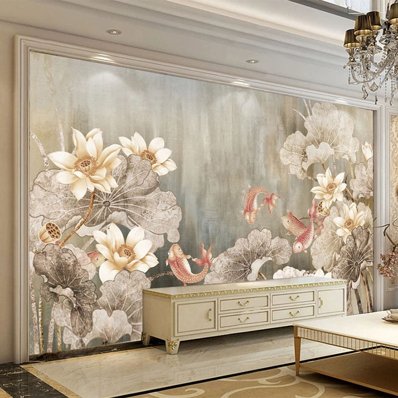 Retro Lotus and Fish Wallpaper Mural, Custom Sizes Available Wall Murals Maughon's Waterproof Canvas 