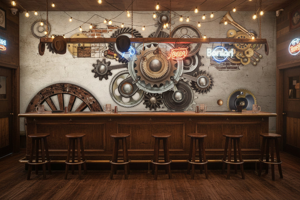 Mural con engranajes mecánicos retro, tamaños personalizados disponibles
