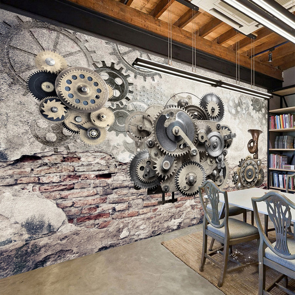 Retro Mechanical Gears With Brick Wall Wallpaper Mural, Custom Sizes Available Wall Murals Maughon's 