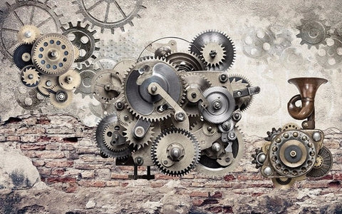 Image of Retro Mechanical Gears With Brick Wall Wallpaper Mural, Custom Sizes Available