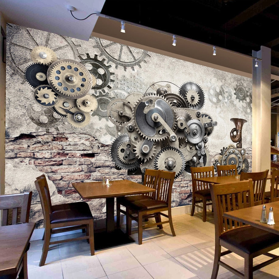 Retro Mechanical Gears With Brick Wall Wallpaper Mural, Custom Sizes Available Wall Murals Maughon's 