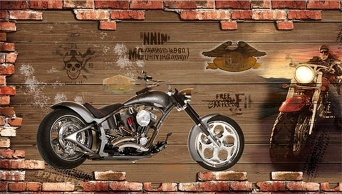 Image of Mural de pared de ladrillo con motocicleta retro, tamaños personalizados disponibles
