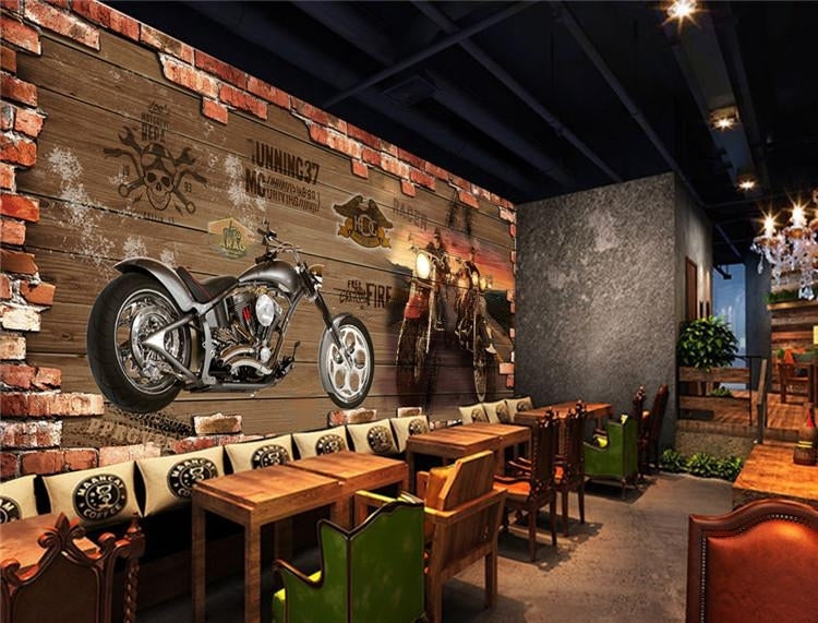 Mural de pared de ladrillo con motocicleta retro, tamaños personalizados disponibles