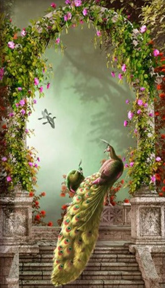 Retro Peacocks With Arches Wallpaper Mural, Custom Sizes Available Wall Murals Maughon's 