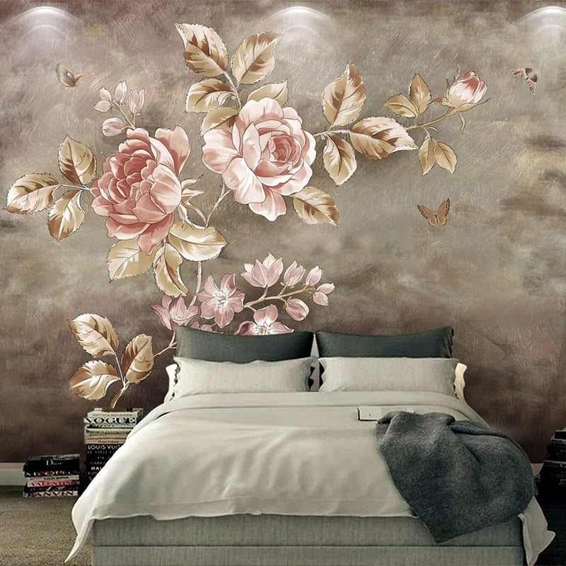 Retro Pink Roses and Butterflies Wallpaper Mural, Custom Sizes Available Wall Murals Maughon's 