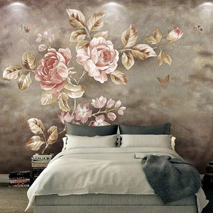 Retro Pink Roses and Butterflies Wallpaper Mural, Custom Sizes Available