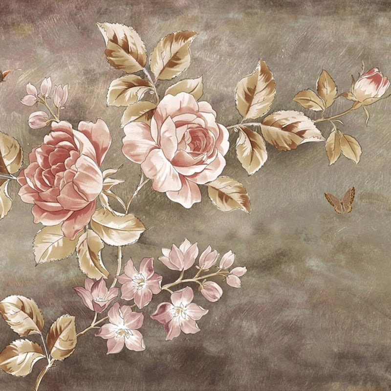 Retro Pink Roses and Butterflies Wallpaper Mural, Custom Sizes Available Wall Murals Maughon's 