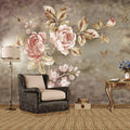 Retro Pink Roses and Butterflies Wallpaper Mural, Custom Sizes Available Wall Murals Maughon's Waterproof Canvas 