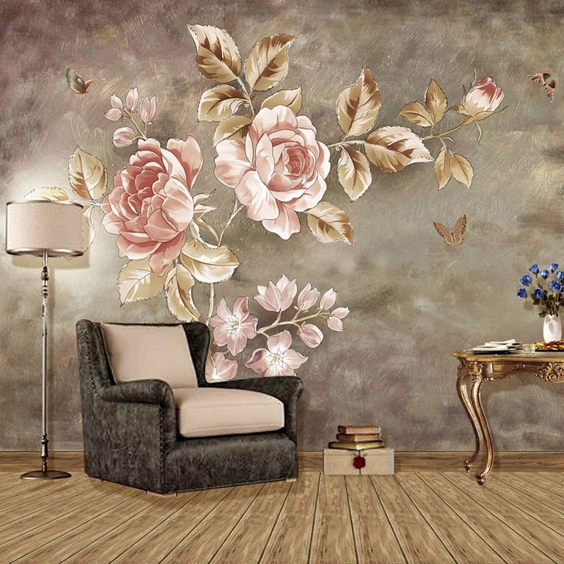 Retro Pink Roses and Butterflies Wallpaper Mural, Custom Sizes Available Wall Murals Maughon's Waterproof Canvas 